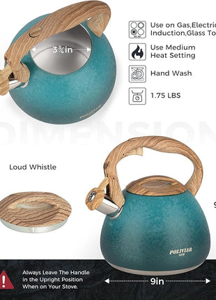 POLIVIAR Tea Kettle, 2.7 Quart Stovetop Tea Kettle, Audible Whistling Teapot with Crackle Finish, Food Grade Stainless Steel for Anti-Rust, Anti Hot Handle, Suitable for All Heat Sources (JX2023-LYD)
