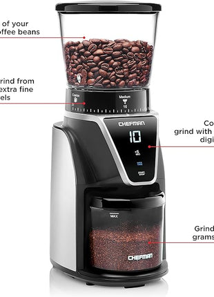 Chefman Conical Burr Coffee Grinder, Create The Boldest & Most Flavorful Grind With 31 Settings From Coarse To Extra Fine, One-Touch Digital Control & 9.7-oz Bean Capacity, Black