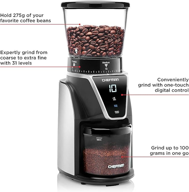 Chefman Conical Burr Coffee Grinder, Create The Boldest & Most Flavorful Grind With 31 Settings From Coarse To Extra Fine, One-Touch Digital Control & 9.7-oz Bean Capacity, Black