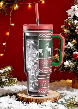 Meoky 40 oz Christmas Tumbler with Handle and Straw, Xmas Tumbler with Lid and Straw, Insulated Stainless Steel Travel Mug, Christmas Gifts for Women Men Adults (Jolly Reindeer)