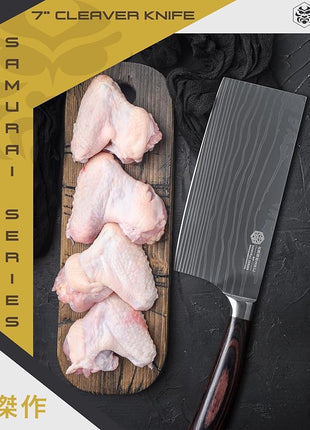 KESSAKU Meat Cleaver Butcher Knife - 7 inch - Samurai Series - Heavy Duty - Razor Sharp - Forged 7Cr17MoV High Carbon Stainless Steel - Wood Handle with Blade Guard