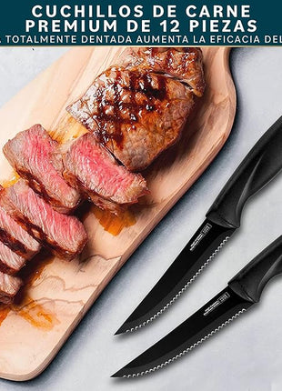 Home Hero Steak Knives Set of 12 - High-Carbon Stainless Steel Blades - Razor-Sharp Serrated Knives - Black Ergonomic Handles - 12 Pcs, Black