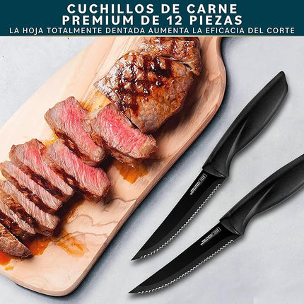 Home Hero Steak Knives Set of 12 - High-Carbon Stainless Steel Blades - Razor-Sharp Serrated Knives - Black Ergonomic Handles - 12 Pcs, Black
