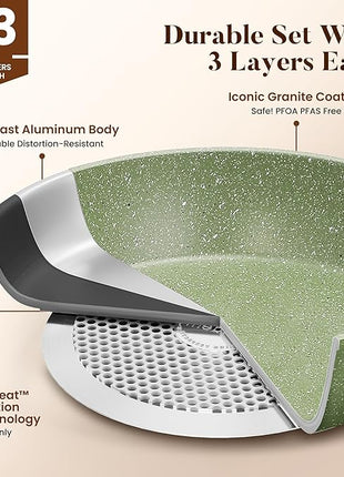 Kitchen Academy 17 Pieces Induction Cookware Set with Griddle, Green Granite Pots and Pans Set Non Stick, Healthy Nonstick Cooking Pans Set