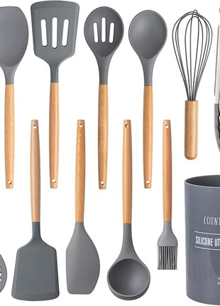 Country Kitchen Non Stick Silicone Utensil Set with Rounded Wood Handles for Cooking and Baking, 14 Piece Set, Gray