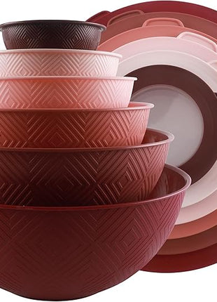 COOK WITH COLOR Mixing Bowls with Lids - 12 Piece Plastic Nesting Bowls Set includes 6 Prep Bowls and 6 Lids, Rhombus Design - Microwave Safe (Rose)