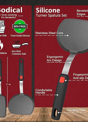 Silicone Pancake Spatula Turner Set of 2, 600°F Heat Resistant Cooking Spatulas for Nonstick Cookware, Large Kitchen Utensils BPA Free Rubber Spatula Set for Egg, Pancake, Fish, Burger