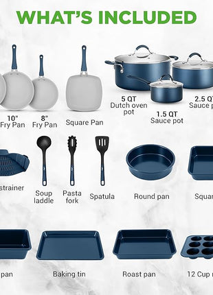 NutriChef Professional 20 Pc Kitchen Set in Navy Blue - Durable Non-Stick Pots and Pans with Bakeware, Compatible with Any Cooktop, Easy Clean
