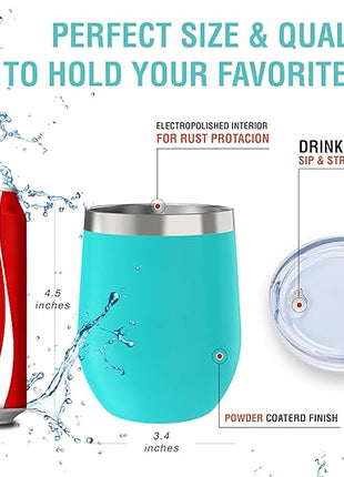 CHILLOUT LIFE 12 oz Stainless Steel Wine Tumbler with Lid - Double Wall Vacuum Insulated Wine Cup Glass Keeping Cold & Hot for Coffee, Champagne, Cocktails, Ice Cream - Powder Coated Aqua Blue