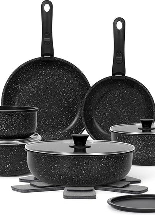 17 Pcs Pots and Pans Set Non Stick, Cookware Sets with Detachable Handle, Nonstick RV Kitchen Cooking Tools Removable Handles, Oven Safe, Induction Fast, Stackable Induction Cookware, Black