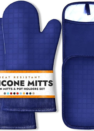 HOMWE Silicone Oven Mitts and Pot Holders for Kitchen & Baking - Set of 4 Heat-Resistant, Heavy-Duty Cooking Mittens w/Non-Slip, Textured Grip