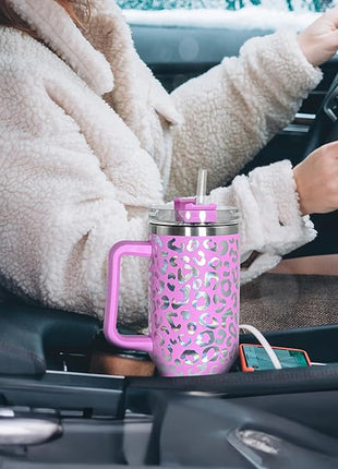 40 oz Tumbler with Handle and Straw, 100% Leak-Proof Travel Mug, Stainless Steel Double Wall Vacuum Insulated Coffee Cup Keeps Cold For 34 Hours, Dishwasher Safe, Lavender Rose Leopard