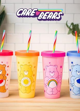 Silver Buffalo Care Bears Hearts and Stars 4 Pack Plastic Color Changing Tumblers with Rainbow Swirl Straws Featuring Tenderheart, Funshine, Cheer, and Grumpy Bear 24 Ounces