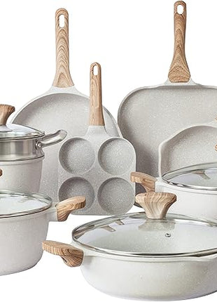 Country Kitchen Non-Stick Cast Aluminum Cookware Set - Durable Kitchen Cookware for Everyday Cooking, Cream, 13 Pc.