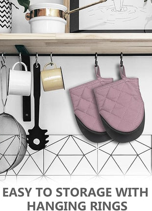 1 Pair Short Oven Mitts - Silicone Kitchen Oven Gloves High Heat Resistant 500℉, Mini Oven Mits with Non-Slip Grip Surfaces and Hanging Loop for BBQ, Baking, Cooking and Grilling (Pink)