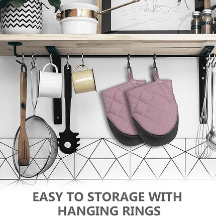 1 Pair Short Oven Mitts - Silicone Kitchen Oven Gloves High Heat Resistant 500℉, Mini Oven Mits with Non-Slip Grip Surfaces and Hanging Loop for BBQ, Baking, Cooking and Grilling (Pink)