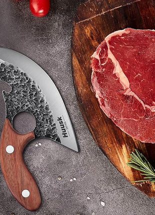 Huusk Knives, Viking Boning Knife for Meat Cutting, Small Ulu knives, Caveman Ultimo Knives Hand Forged Full Tang Knives for Kitchen or Camping Christmas Gift