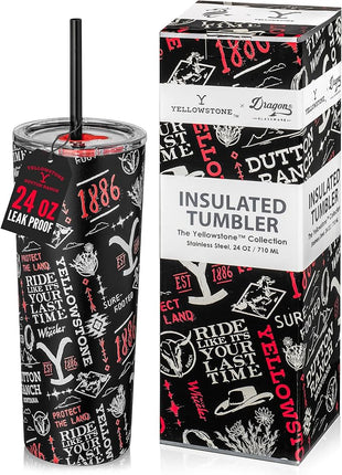 Dragon Glassware x Yellowstone Vacuum Insulated Tumbler with Lid and Straw - 24 oz Tumbler Cup with 2 Straws - Stainless Steel Tumbler with Straw for Water, Iced Tea - 1886