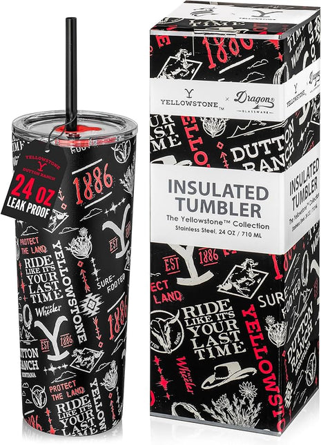 Dragon Glassware x Yellowstone Vacuum Insulated Tumbler with Lid and Straw - 24 oz Tumbler Cup with 2 Straws - Stainless Steel Tumbler with Straw for Water, Iced Tea - 1886