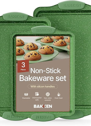 BAKKEN Kitchen Baking Pan Set - Nonstick Green Marble Coating, Carbon Steel Bakeware Sets with Green Silicone Handles, Kitchen Essentials, PFOA, PFOS, PTFE Free, Oven Safe (Up To 450° F), Set of 3