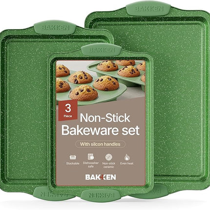 BAKKEN Kitchen Baking Pan Set - Nonstick Green Marble Coating, Carbon Steel Bakeware Sets with Green Silicone Handles, Kitchen Essentials, PFOA, PFOS, PTFE Free, Oven Safe (Up To 450° F), Set of 3