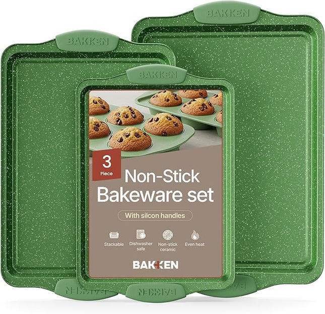 BAKKEN Kitchen Baking Pan Set - Nonstick Green Marble Coating, Carbon Steel Bakeware Sets with Green Silicone Handles, Kitchen Essentials, PFOA, PFOS, PTFE Free, Oven Safe (Up To 450° F), Set of 3