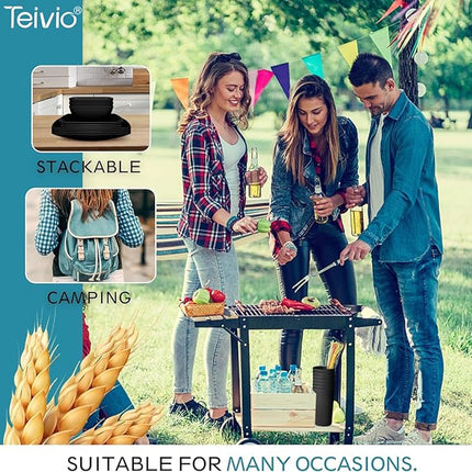 Teivio 32-piece Plastic Wheat Straw Square Dinnerware Set for 8, Unbreakable Dinner Plates, Salad Plates, Snack Bowls, Tumblers, Dishwasher Safe, Black