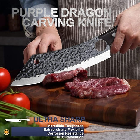 Purple Dragon Kitchen Knife 8 Inch Ultra Sharp Japanese Butcher Knife for Meat Cleaver Vegetable Cutting with Finger Hole Hand Forged High Carbon Steel Chef Knives Christmas Gift for Men and Women
