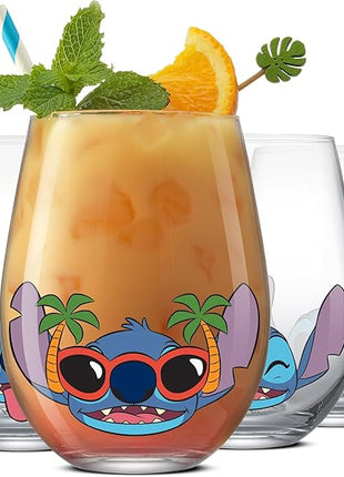 JoyJolt Disney Stitch Silly Sips Stemless Drinking Glasses, 19oz Teardrop Glass Cups, Glass Tumbler Cup Set of 4, Stitch Stuff, Lilo and Stitch Gifts, Disney Gifts for Adults