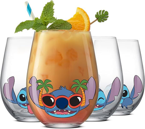 JoyJolt Disney Stitch Silly Sips Stemless Drinking Glasses, 19oz Teardrop Glass Cups, Glass Tumbler Cup Set of 4, Stitch Stuff, Lilo and Stitch Gifts, Disney Gifts for Adults