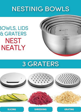 Belwares Mixing Bowls with Lids Set - Nesting Bowls with Airtight Lids + Graters - Stainless Steel Non-Slip Mixing Bowl for Baking, Food Storage and Prepping (Red, 5-Piece Set)