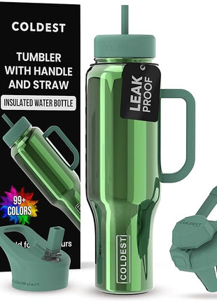 Coldest Tumbler with Handle and Straw, 100% Spill Proof Tumbler with Straw (3 Lids), Stainless Steel Insulated Leakproof Tumblers for Women Men, Cup Holder Friendly, 46 oz (Avocado Reflections)
