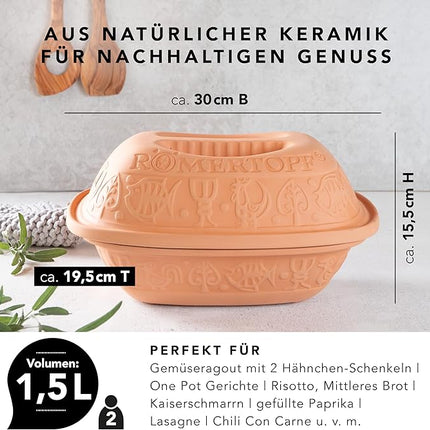 Romertopf Clay Roaster | Non-Stick Dutch Oven | Health Pot Cooking | Clay Baker | Versatile Cooking Vessel - 1.6 Quarts (1.5 Liters) for up to 2 people