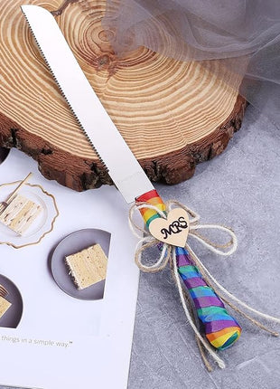 TANG SONG Set of 2 Mrs & Mrs Rainbow Gay Pride Flag LGBT Wedding Cake Knife and Serving Set with Rainbow Silk Ribbon and Heart Shaped Wood Tag Design Wedding Cake Knife (Set of 2)