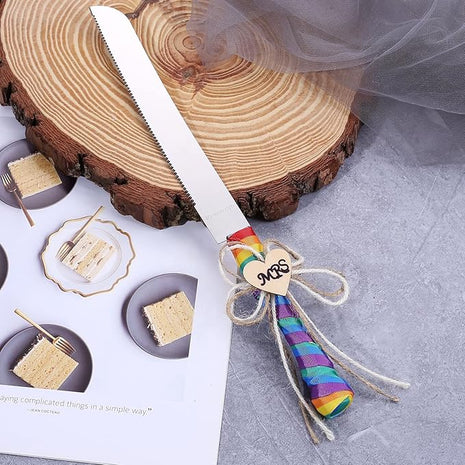 TANG SONG Set of 2 Mrs & Mrs Rainbow Gay Pride Flag LGBT Wedding Cake Knife and Serving Set with Rainbow Silk Ribbon and Heart Shaped Wood Tag Design Wedding Cake Knife (Set of 2)