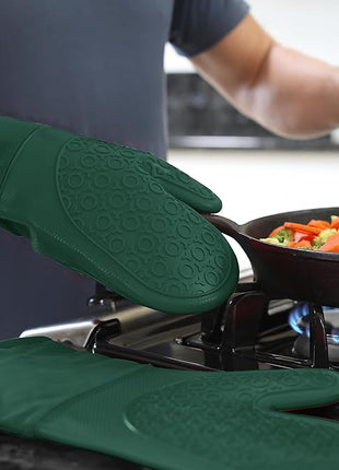 BPA-Free Silicone Oven Mitts Ultra Heat Resistant up to 500°F - Oven Mitts with Thick Cotton Liner - Long Slip Resistant Pot Holders, Flexible Oven Gloves - Green 13.7