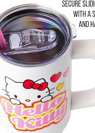 Silver Buffalo Sanrio Hello Kitty Name and Hearts Stainless Steel Tumbler with Handle and Straw, Fits in Standard Cup Holder, 40 Ounces