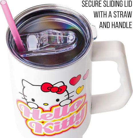 Silver Buffalo Sanrio Hello Kitty Name and Hearts Stainless Steel Tumbler with Handle and Straw, Fits in Standard Cup Holder, 40 Ounces