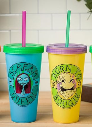 Silver Buffalo Disney The Nightmare Before Christmas 4 Pack Color Change Plastic Tumblers Featuring Jack Skellington, Sally, Oogie Boogie, and Zero, 24 Ounces