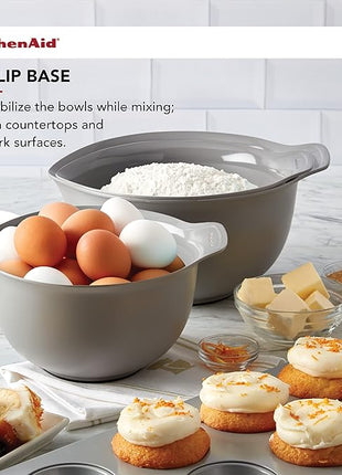 KitchenAid Universal Nesting Plastic Mixing Bowls, Set Of 3, 2.5 quart, 3.5 quart, 4.5 quart, Non Slip Base with Easy Pour Spout to Reduce Mess, Dishwasher Safe, Gray