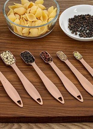 Accurate 18/8 Stainless Steel Measuring Spoons, Heavy Duty Good Handle Set of 6 Measuring Spoon with Ring Connector, Rose Gold
