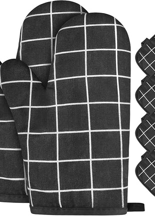AUAUY Oven Mitts and Pot Holders 6PCS Set, 392°F Heat Resistant Cooking Gloves and Hot Pads Baking Mittens Grilling Gloves BBQ Gloves Non-Slip Kitchen Mittens for Oven Cooking Baking Grilling