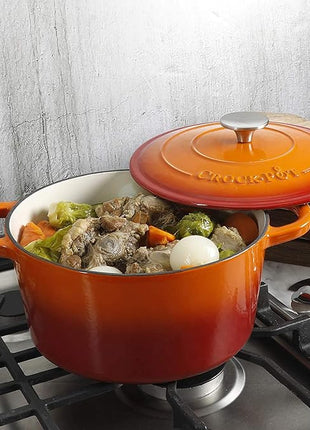Crock-Pot Artisan 5-Quart Round Enameled Cast Iron Dutch Oven – Sunset Orange, Durable Heavy-Duty Cookware for Slow Cooking, Roasting, Baking with Lid