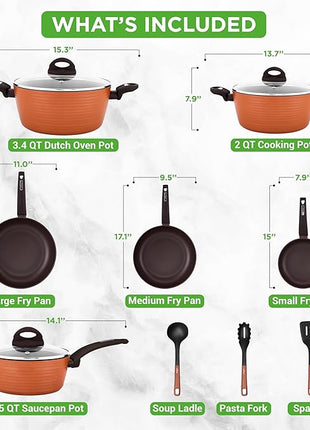 NutriChef Professional 12-Piece Brown Nonstick Cookware - PFOA/PFOS-Free, Heat Resistant Lacquer, Elegant Design, Multi-Sized Pots and Pans