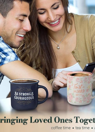 Christian Art Gifts Inspirational Ceramic Coffee & Tea Scripture Mug for Men & Women: Strong & Courageous Bible Verse, Microwave & Dishwasher Safe Non-toxic Beverage Cup, Dark Navy Blue/White, 13 oz.