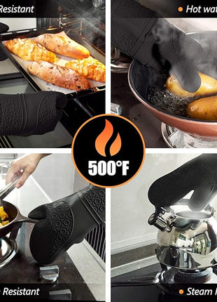 Rorecay 6pcs Oven Mitts and Pot Holders Sets Heat Resistant 500 Degrees, Extra Long and Non-Slip Silicone Oven Gloves Potholders Hot Pads for Kitchen Baking Cooking, Quilted Liner, Black