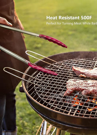 Premium Stainless Steel Food Tongs, 9-Inch & 12-Inch Wine Red Silicone BPA Free Non-Stick BBQ Cooking Grilling Locking Kitchen Tong