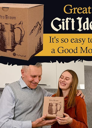 Beer Mug 20 OZ - Tankard Mug - Beer stein - Wooden beer mug - Stainless Steel Cup - Handmade Gifts for Men - Fathers Day, Christmas or Birthday Gift Idea - Men Mug - Retro Brown