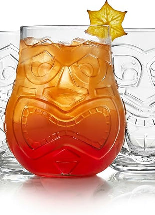 Libbey Tiki Split Glass Tumbler Set, Vintage-Style Quirky Drinking Glasses Set of 4, Exotic, Tall Drinking Glass Cups for Backyard Luau or Pool Party