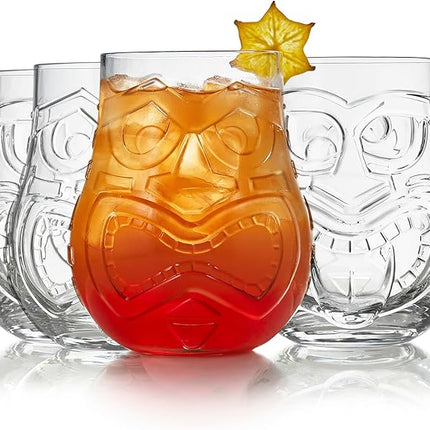 Libbey Tiki Split Glass Tumbler Set, Vintage-Style Quirky Drinking Glasses Set of 4, Exotic, Tall Drinking Glass Cups for Backyard Luau or Pool Party